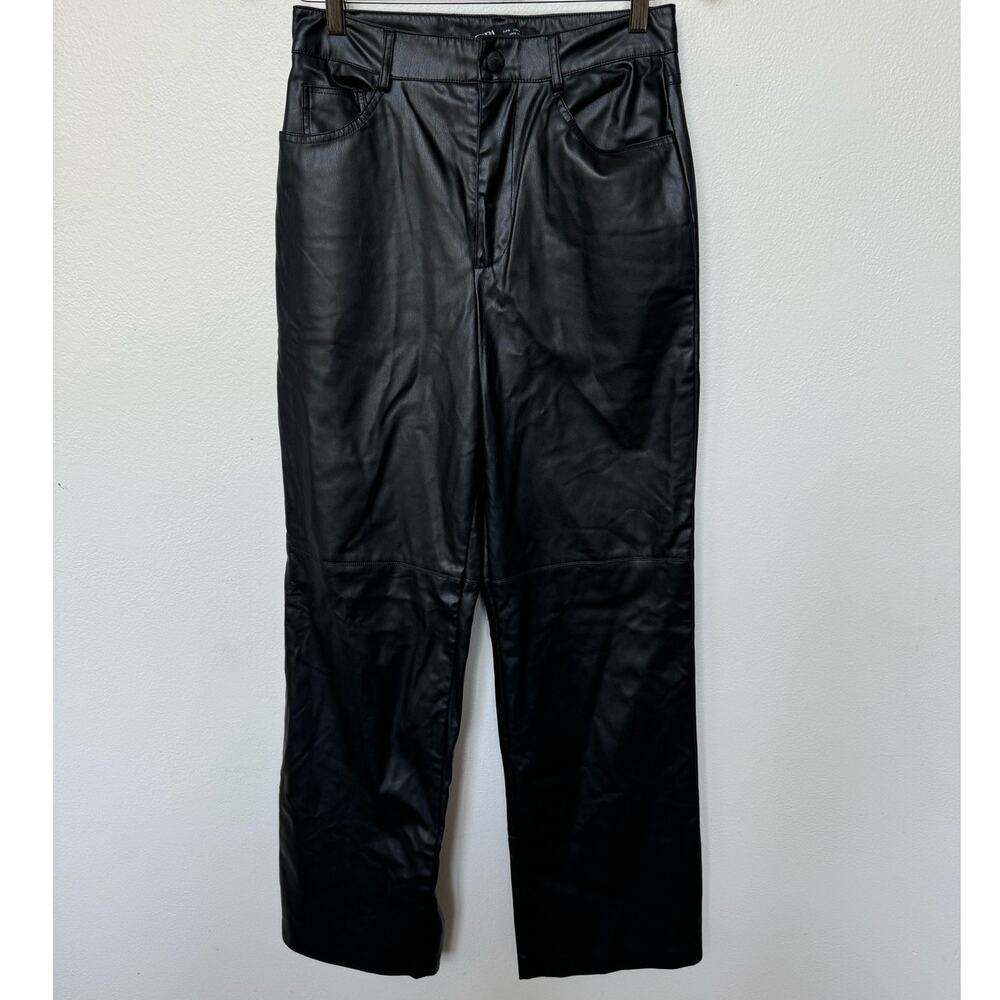 Zara Faux Leather High Rise Straight Trousers Black Minimalist Sz S